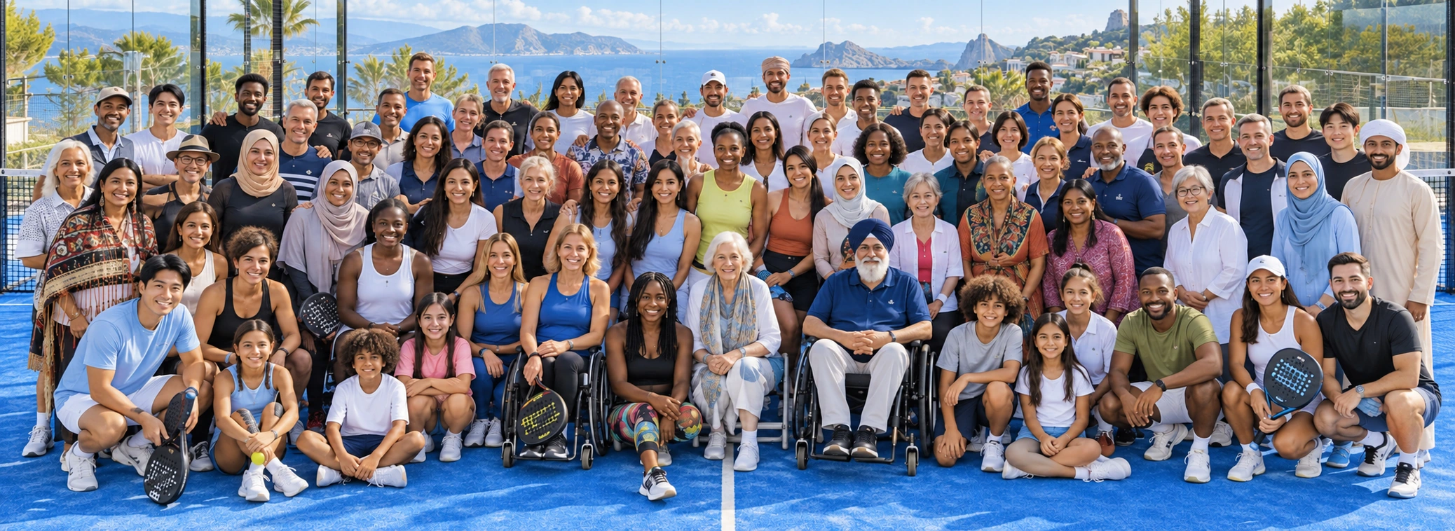 Illustration: a diverse community on a padel court, symbolising solidarity and shared opportunities.